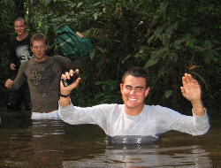 river hiking fully clothed